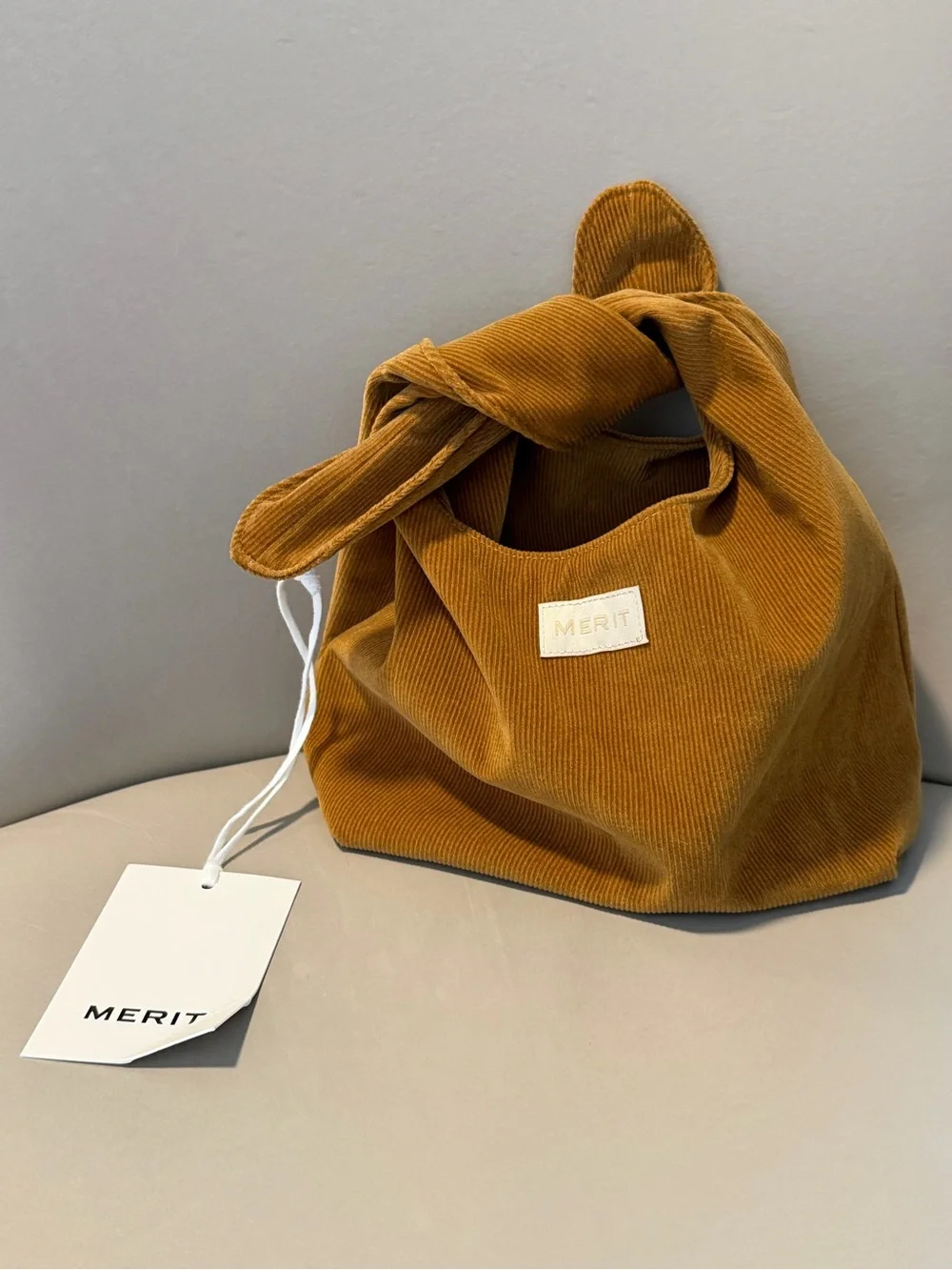NWT! MERIT Beauty Brown Corduroy Tie-Top Signature Makeup Bag Pouch.